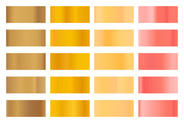 Metalic gradient collection with shiny golden hologram. Holographic foil texture, gold rose, bronze and gold gradation. Vector set for frame, ribbon, border, other design