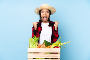 Young farmer Woman holding fresh vegetables in a wooden basket celebrating a victory in winner position