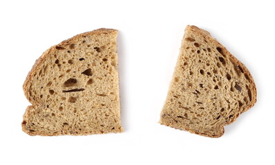Integral rye bread slice chopped in half isolated on white background, top view