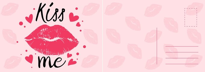 Kiss me card. Romantic postcard with sexy red lips, hearts and calligraphy text, valentines letter template, modern glamour design, invitation and greeting vector cartoon illustration