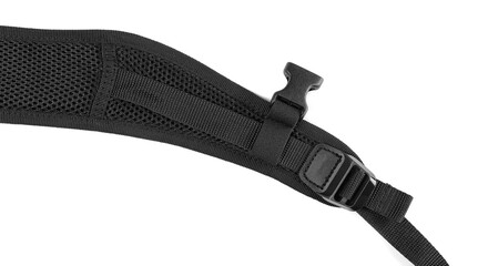 Black sling bag strap isolated on white background, top view