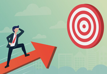 A business man standing on the arrow at the target. Head towards the goal with speed. For success in life. Business concept mission is complete.