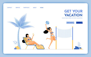 travel website with the theme of get your vacation. Enjoy holiday travel services to tropical island beaches. Vector design can be used for poster, banner, ads, website, web, mobile, marketing, flyer