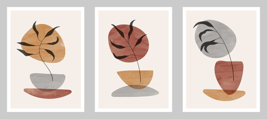 Fototapeta premium Botanical wall art vector set. Tropical foliage line art drawing with abstract shape. Abstract plant art design for decoration print, cover, wallpaper, wall art. Watercolor background. EPS10 vector 