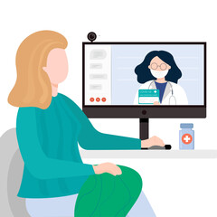 Vector illustration doctor in mask give online consultation her patient about vaccination card Covid-19. Period of coronavirus or sick. Video conferencing at home.