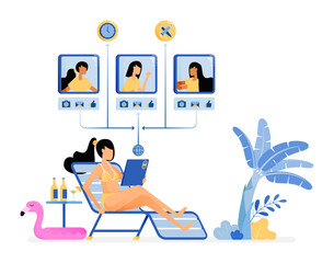 happy vacation illustration of women are sunbathing and enjoying a holiday by the beach keep working and have virtual meetings. Vector design can be used for poster, banner, ad, website, web, mobile