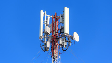 Technology on top of telecommunications GSM (5G, 4G) .The cell phone antenna on the roof of the...