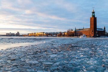 view of the stockholm city hall across the ice covered water in wintertime
