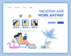 travel website with the theme of vacation and work anyway. virtual meeting on beach with internet service on vacation. Vector design can be used for poster, banner, ads, website, web, marketing, flyer