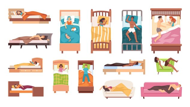People sleep. Men women and kids asleep beds different poses, hugging with pillow, insomnia and healthy dream, human recovery and recreation. Top and side view vector cartoon isolated set