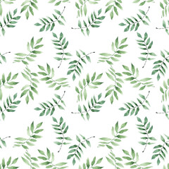 Watercolor seamless pattern with lemons, green branches and abstract spots