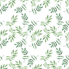 Watercolor seamless pattern with lemons, green branches and abstract spots