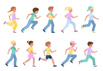 Fototapeta na wymiar Running kids set. Young happy runners side view collection, children sport activities, athlete boys and girls participate in marathon, healthy lifestyle. Vector flat cartoon concept