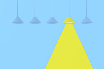 Yellow lamp on blue background. 3D idea concepts. 3D rendering.