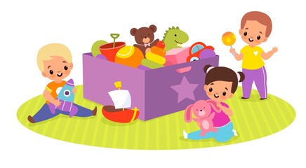 Kids play toys box. Happy children in game around big container with plush bear, ball and dinosaur, cute babies activities. Little boys and girl sitting on floor vector cartoon concept