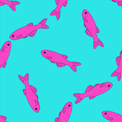 Tropical fish danio glofish pattern in pink on a blue background. seamless vector pattern of pink aquarium fish with a black outline drawn in the long shape sketch style for the design template