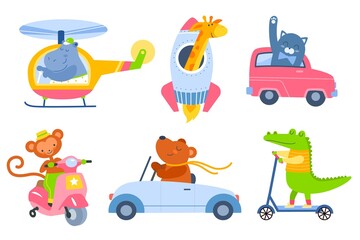 Obraz na płótnie Canvas Animal transport. Cartoon kids zoo characters in different vehicles, cute fauna drivers in helicopter, rocket, ride scooter and car. Funny mammals travellers. Vector cartoon isolated set