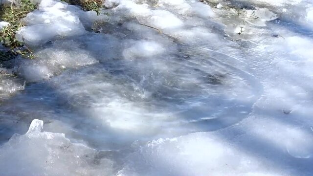 Drops of water from melting snow from roof of house fall into puddle among snow in spring day. Rapid - filming