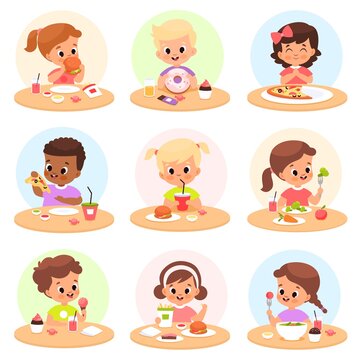 Children eat. Happy kids have lunch separate tables, personal place cafeteria, hungry boys and girls take healthy and fast food, pizza, hamburger and vegetables at school breakfast vector set