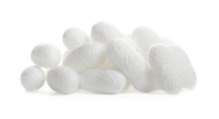 Pile of natural silkworm cocoons on white background