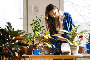 Young woman florist taking care of pot plants