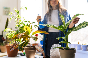 Young woman florist taking care of pot plants