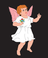 Angel child with wings in a white shirt with a bouquet of flowers