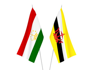 National fabric flags of Tajikistan and Brunei isolated on white background. 3d rendering illustration.