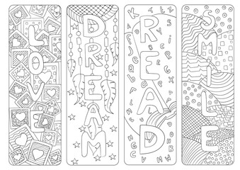 Set of four bookmarks for coloring with love, dream, read and smile words.