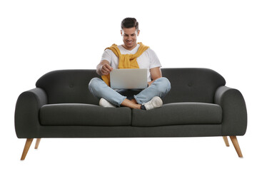 Fototapeta na wymiar Man with laptop on comfortable grey sofa against white background