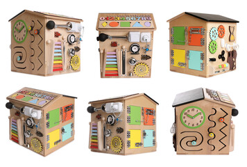 Set with busy board houses on white background. Baby sensory toy