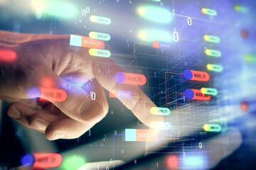 Multi exposure of man's hand holding and using a digital device and data theme drawing. Innovation concept.