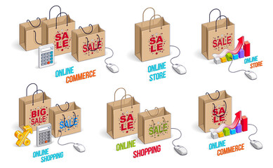 Online shop internet retail sale vector 3D illustrations set isolated on white background, shopping bags with pc mouse, store discount, black Friday concept, clearance.