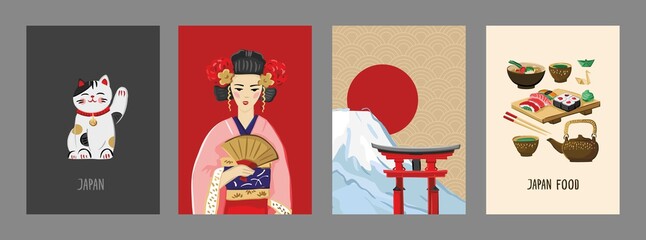 Set of decorative posters with symbols, nature and traditional objects of Japan. Collection of Japanese backgrounds for covers, cards, banners for Oriental holidays. Wall decor. Vector illustration