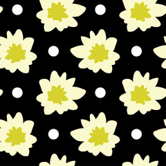Abstract water lily flowers with polka dots on black background seamless pattern