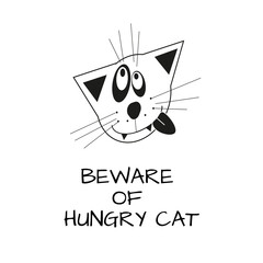 Beware of hungry cat illustration, crazy wild cat face, cat going nuts, funny mad animal cartoon, hunger attack, tongue out cat, phsyco pet 