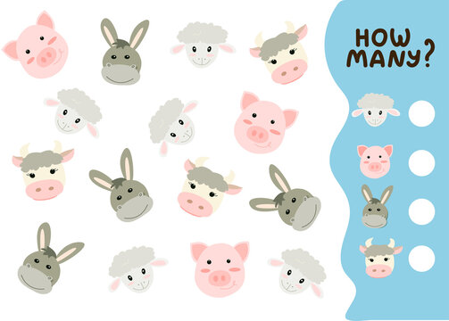 Counting game for preschool kids. Educational math game. Count how many farm animals there are and write down the result. Vector illustration in cartoon style