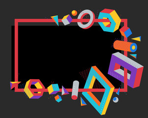 Colorful 3D shapes vector frame on dark background, bright positive dimensional design elements, boxes and cylinders and other shapes simple stylish border.