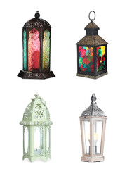 Set with different traditional Arabic lanterns on white background