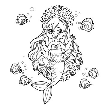 Cute little mermaid girl in coral tiara shows a long pearl necklace to a fish outlined for coloring page isolated on white background