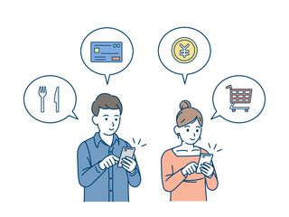 スマートフォンで決済する夫婦　男女　買い物　宅配　イラスト素材