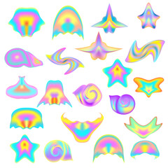 Fototapeta na wymiar Colorful glowing stickers of marine animals -seashells , starfishfish, jellyfish and others. Isolated objects on a white background. Vector clipart.