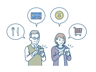 スマートフォンで決済する老夫婦　シニア　年配の男女　買い物　宅配　イラスト素材