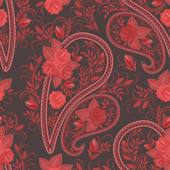 Fototapeta na wymiar Seamless traditional pattern with paisley and roses. Red and burgundy bright ethnic ornament. Vector print. Use for wallpaper, pattern fills,textile design.