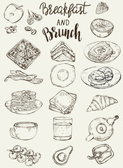 Set of traditional breakfast dishes, bakery and drinks.