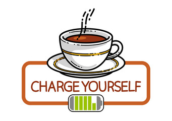 Cup of coffee with battery accumulator sign vector illustration or icon isolated on white, charge yourself concept, wakeup in morning, break in work during a day.