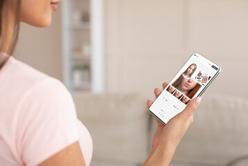 Augmented Reality Beauty App. Woman Trying Different Lipstick Color Online