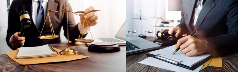 Business and lawyers discussing contract papers with brass scale on desk in office. Law, legal services, advice, justice and law concept picture with film grain effect