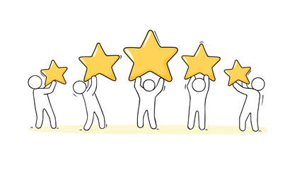 Happy people holding five golden stars.