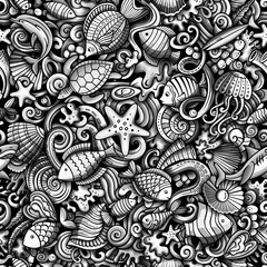 Cartoon doodles Sea Life seamless pattern.